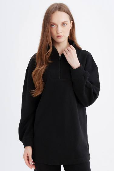 Regular Fit Zippered Stand Collar Basic Sweatshirt Tunic