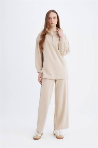 Relax Fit Beli Lastikli Selanik Kumaş Basic Düz Triko Pantolon