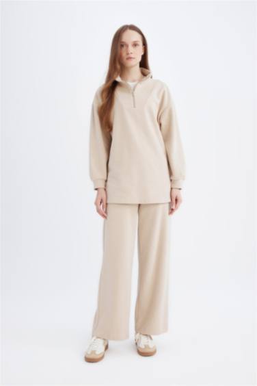 Relax Fit Beli Lastikli Selanik Kumaş Basic Düz Triko Pantolon