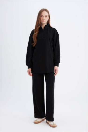 Relax Fit Beli Lastikli Selanik Kumaş Basic Düz Triko Siyah Pantolon