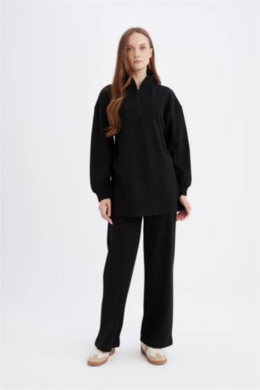 Relax Fit Beli Lastikli Selanik Kumaş Basic Düz Triko Siyah Pantolon