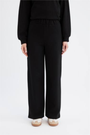 Relax Fit Beli Lastikli Selanik Kumaş Basic Düz Triko Siyah Pantolon