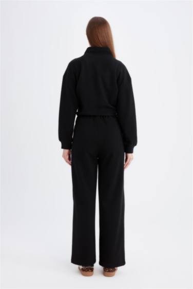 Relax Fit Beli Lastikli Selanik Kumaş Basic Düz Triko Siyah Pantolon