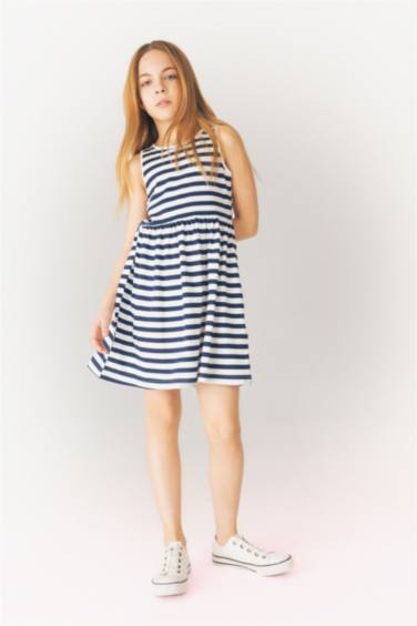 Девочка Летнее Платье Без Рукавов в Полоску с Круглым Вырезом