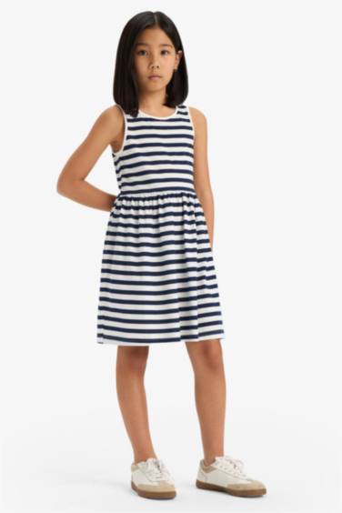 Девочка Летнее Платье Без Рукавов в Полоску с Круглым Вырезом