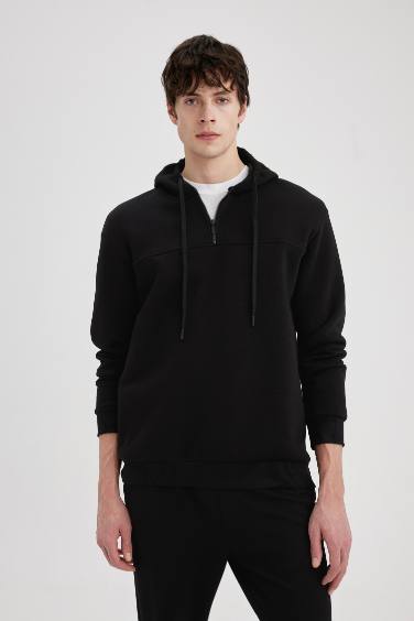 Comfort Regular Fit Rahat Kalıp Kapüşonlu Yarım Fermuarlı Basic Düz Sweatshirt