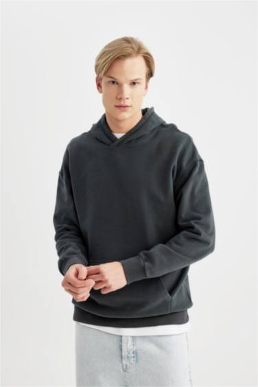 Comfort Regular Fit Rahat Kalıp Kapüşonlu Kanguru Cepli Basic Düz Sweatshirt
