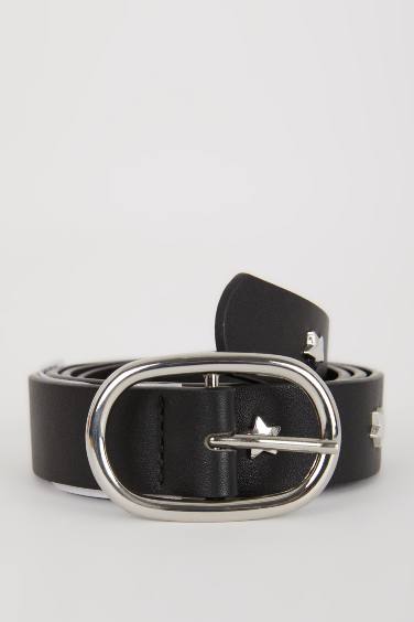 Woman Oval Buckle Faux Leather Jean Belt