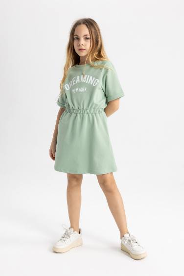 Girl Printed Sweatshirt Fabric Short Sleeve Dress