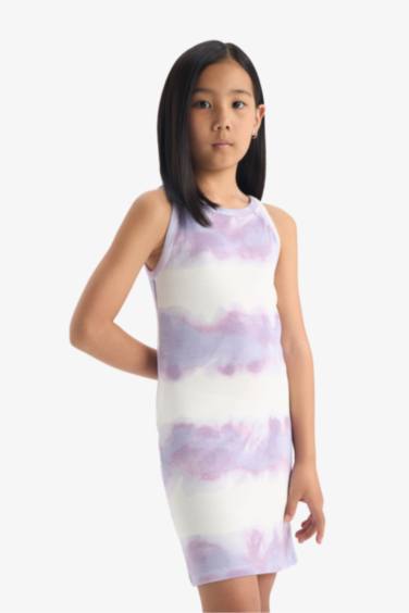 فستان بنات بدون كم مضلع قصة عادية بطبعة تايداي