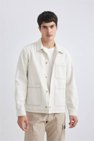 Regular Fit Polo Yaka Keten Karışımlı Düğmeli Cepli Yazlık Gömlek Ceket