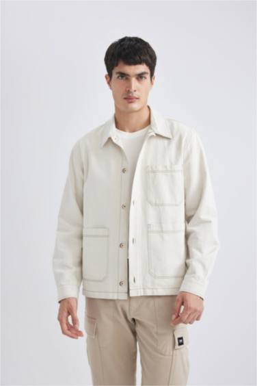 Regular Fit Polo Yaka Keten Karışımlı Düğmeli Cepli Yazlık Gömlek Ceket