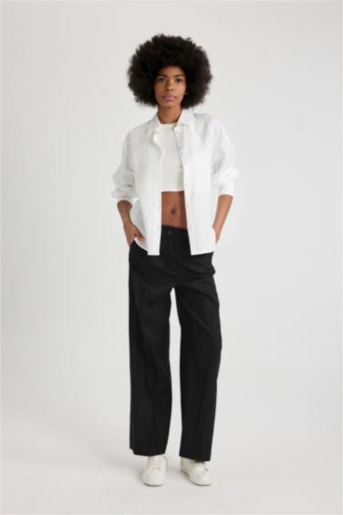 Wide Leg High Waist Standard Length Linen Blend Trousers