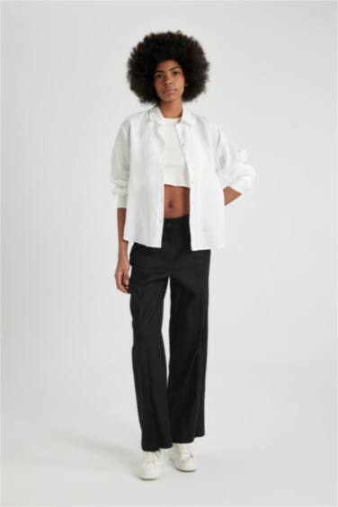 Wide Leg High Waist Standard Length Linen Blend Trousers