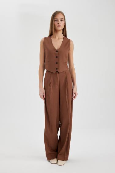 Wide Leg High Waist Standard Length Linen Blend Trousers