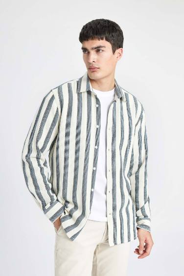 Regular Fit Polo Collar Cotton Striped Long Sleeve Shirt