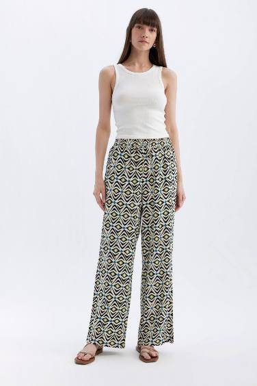 Pantalon Viscose Large avec Poches à Motifs Taille Haute Jambe Large et Longue