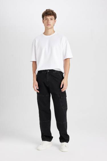 %100 Pamuk Wide Leg Fit Geniş Kalıp Normal Bel Geniş Paça Kargo Cepli Siyah Jean Pantolon