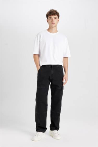 %100 Pamuk Wide Leg Fit Geniş Kalıp Normal Bel Geniş Paça Kargo Cepli Siyah Jean Pantolon