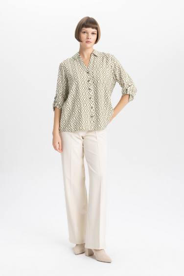 قميص كم طويل قصة عادية بياقة V