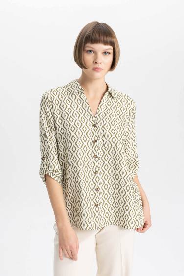 قميص كم طويل قصة عادية بياقة V