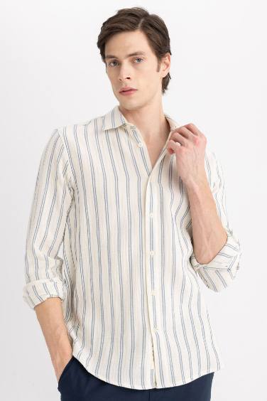 Regular Fit Polo Collar Long Sleeve Striped Shirt