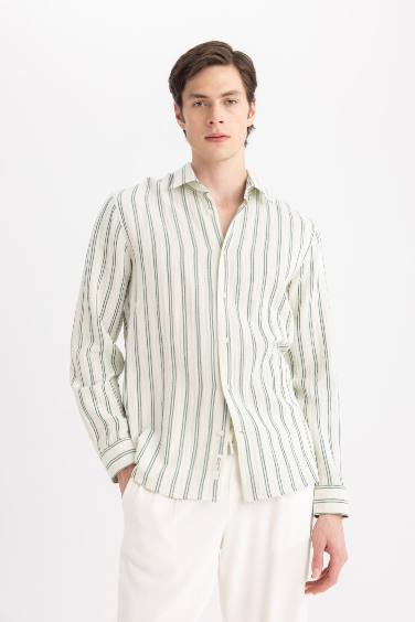 Regular Fit Polo Collar Long Sleeve Striped Shirt