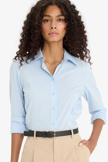 قميص كم طويل سليم فيت بياقة قميص