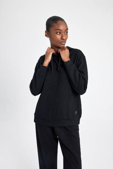 DeFactoFit Standard Fit Hooded Belt Printed Scuba Fabric Basic Sweatshirt