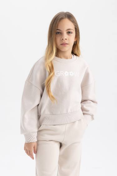 Kız Çocuk Relax Fit Bisiklet Yaka Baskılı Kalın Sweatshirt