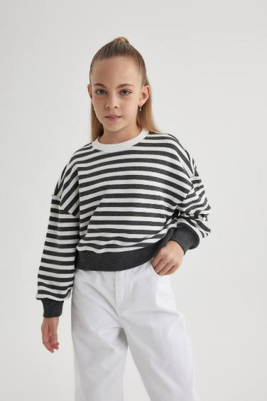 Girl Relax Fit Striped Crew Neck Sweatshirt