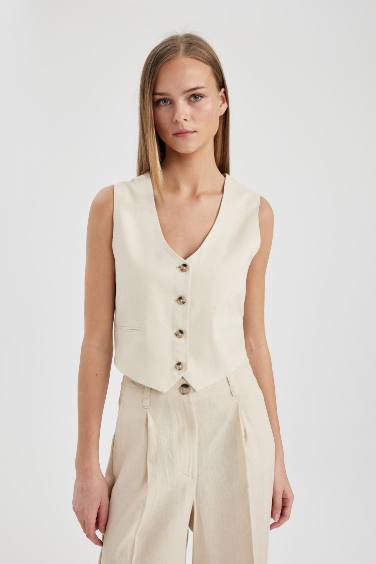 Regular Fit Linen Blend Vest