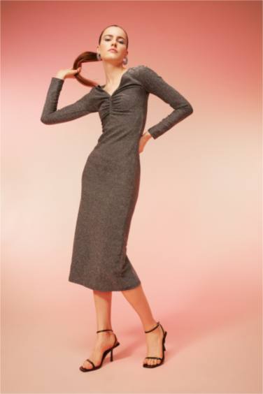 Bodycon V-Neck Sequined Fabric Midi Dress