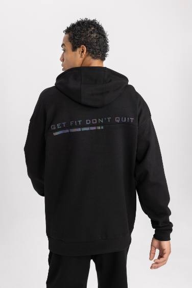 DeFactoFit Oversize Geniş Kalıp Kapüşonlu Baskılı Cepli Sweatshirt