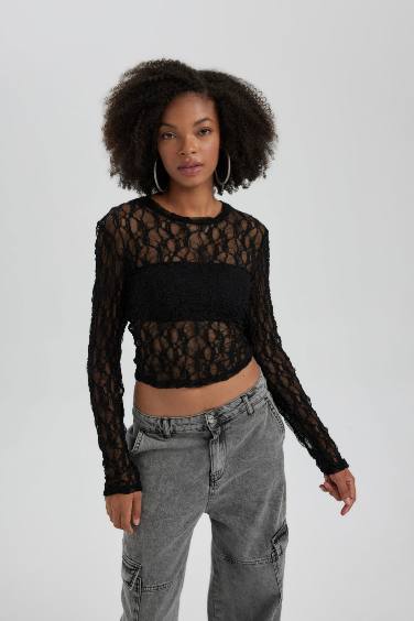 Slim Fit Crew Neck brode Long Sleeve T-Shirt