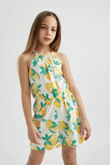 Girl Strappy Lemon Patterned Cotton Short Jumpsuit