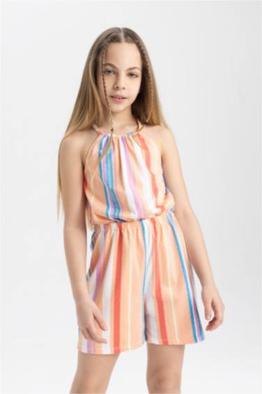 Girl Strappy Patterned Cotton Short Jumpsuit