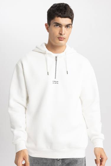 Oversize Geniş Kalıp Yarım Fermuarlı Baskılı Kapüşonlu Sweatshirt