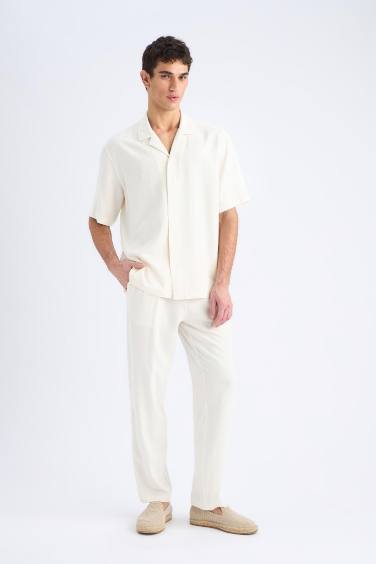 Yazlık Viskon Jogger Pantolon Regular Fit Normal Kesim Keten Karışımlı Düz Paça Cepli