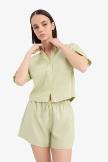 قميص نص كم اوفر سايز برقبة قميص من كتان