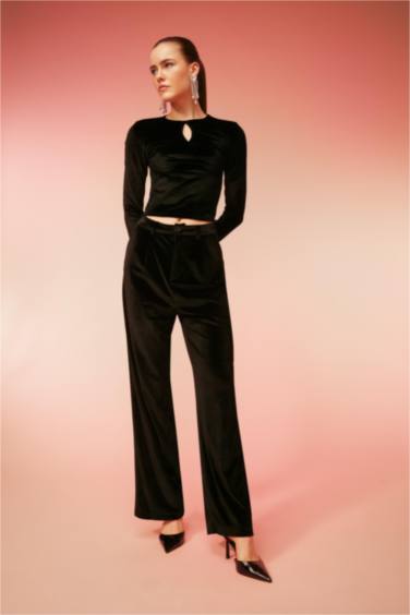 Wide Leg High Waist Long Length Velvet Trousers