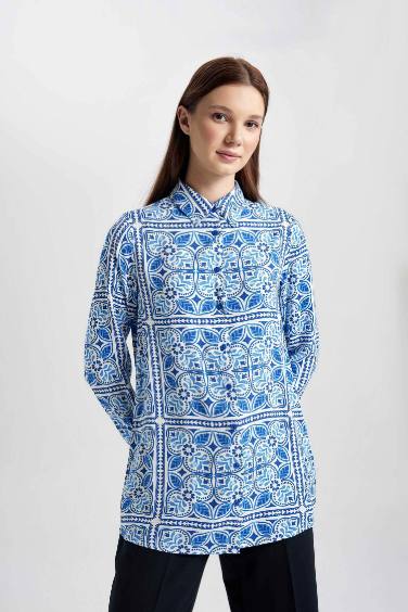 Regular Fit Shirt Collar Printed Long Sleeve Tunic