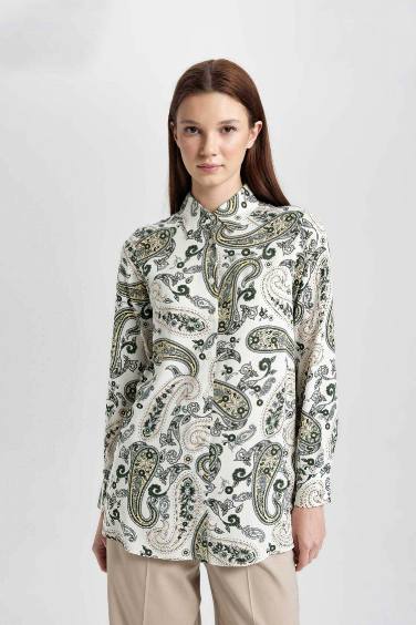 Regular Fit Shirt Collar Printed Long Sleeve Tunic