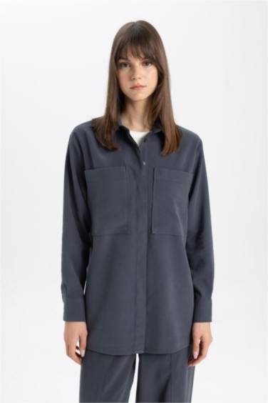 قميص طويل بوبلين كم طويل وقصة عادية