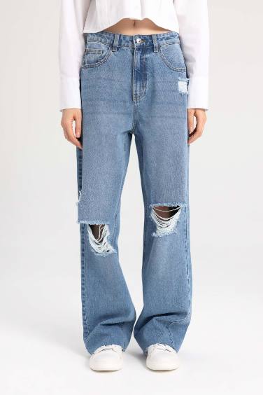 90's Wide Leg Ripped Detailed High Waist Long Jean Washed Trousers