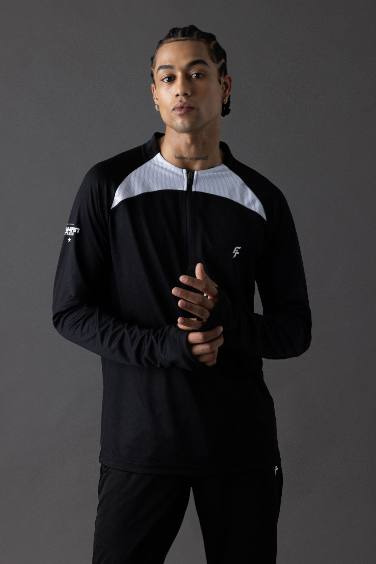 DeFactoFit Slim Fit Dar Kesim Dik Yaka Fermuarlı Baskılı Ağır Kumaş Sporcu Sweatshirt