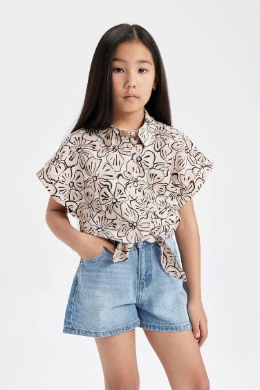 Girl Short Sleeve Patterned Crop Shirt