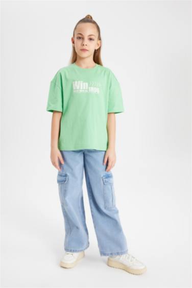 تيشيرت نص ردن بناتي بطبعة شعار قصة مريحة