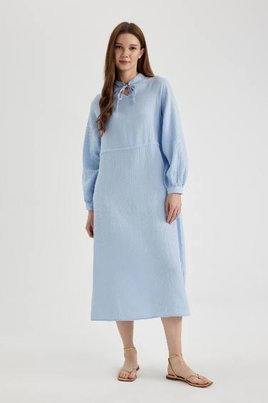 Regular Fit Crew Neck Muslin Long Sleeve Dress