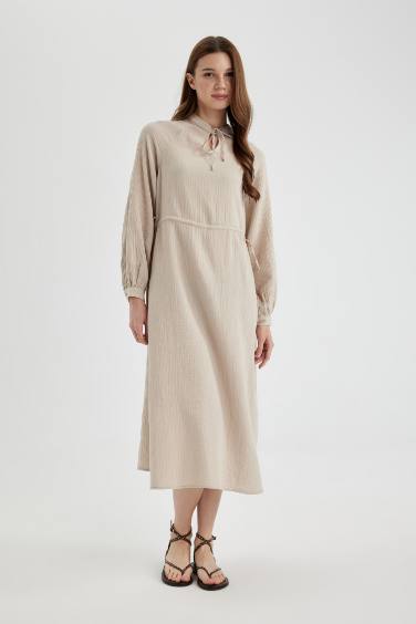 Regular Fit Crew Neck Muslin Long Sleeve Dress